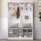 Wodeer Hall Tree with Bench and Shoe Storage, 53" Farmhouse 4-in-1 Mudroom Storage Organizer with Coat Rack, 6 Hooks, 12 Shoe Cubbies, Adjustable Shelf, for Entryway, Hallway, Living Room, White