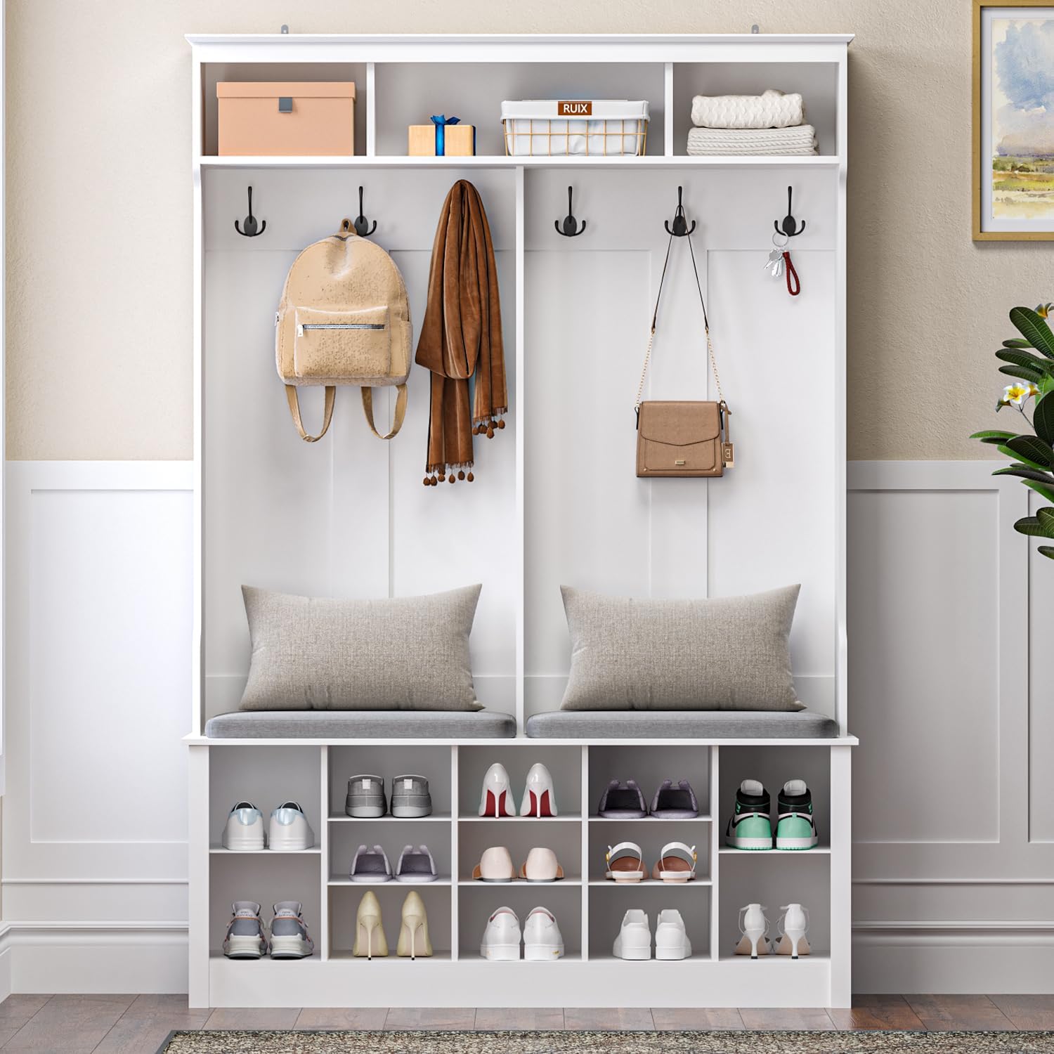 Wodeer Hall Tree with Bench and Shoe Storage, 53" Farmhouse 4-in-1 Mudroom Storage Organizer with Coat Rack, 6 Hooks, 12 Shoe Cubbies, Adjustable Shelf, for Entryway, Hallway, Living Room, White