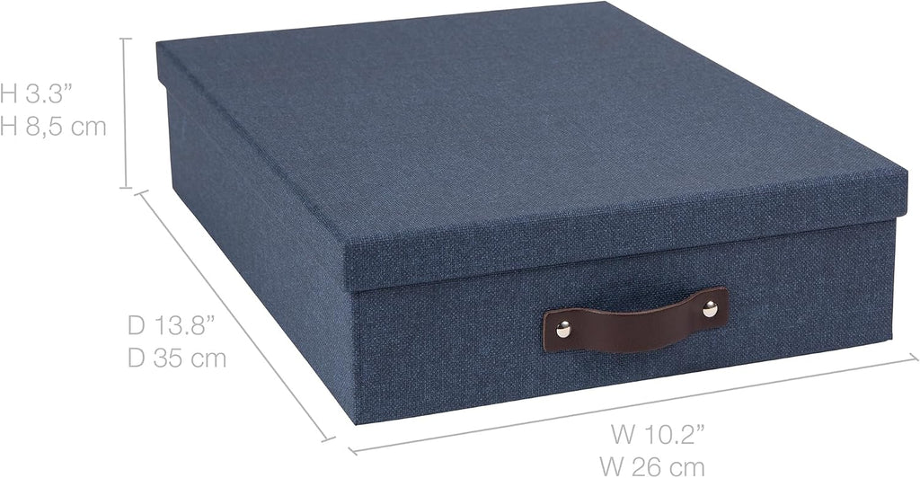 Bigso Oskar Canvas Fiberboard Document Letter Box - File Organizer Box for Important Paperwork - Document Storage with a Lid & Leather Handle - 3.3 in x 10.2 in x 13.8 in - Blue (Pack of 2)