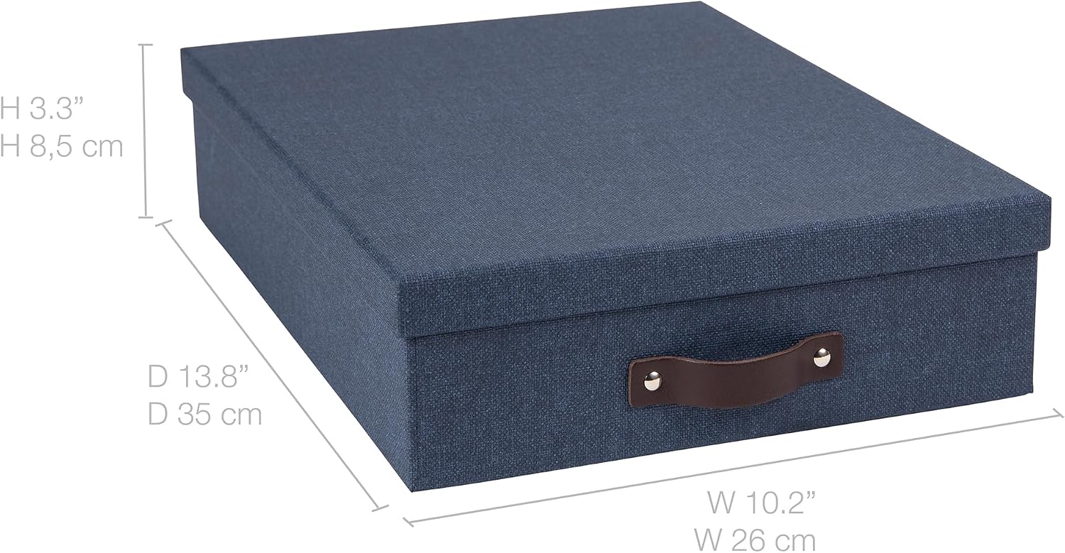 Bigso Oskar Canvas Fiberboard Document Letter Box - File Organizer Box for Important Paperwork - Document Storage with a Lid & Leather Handle - 3.3 in x 10.2 in x 13.8 in - Blue (Pack of 2)