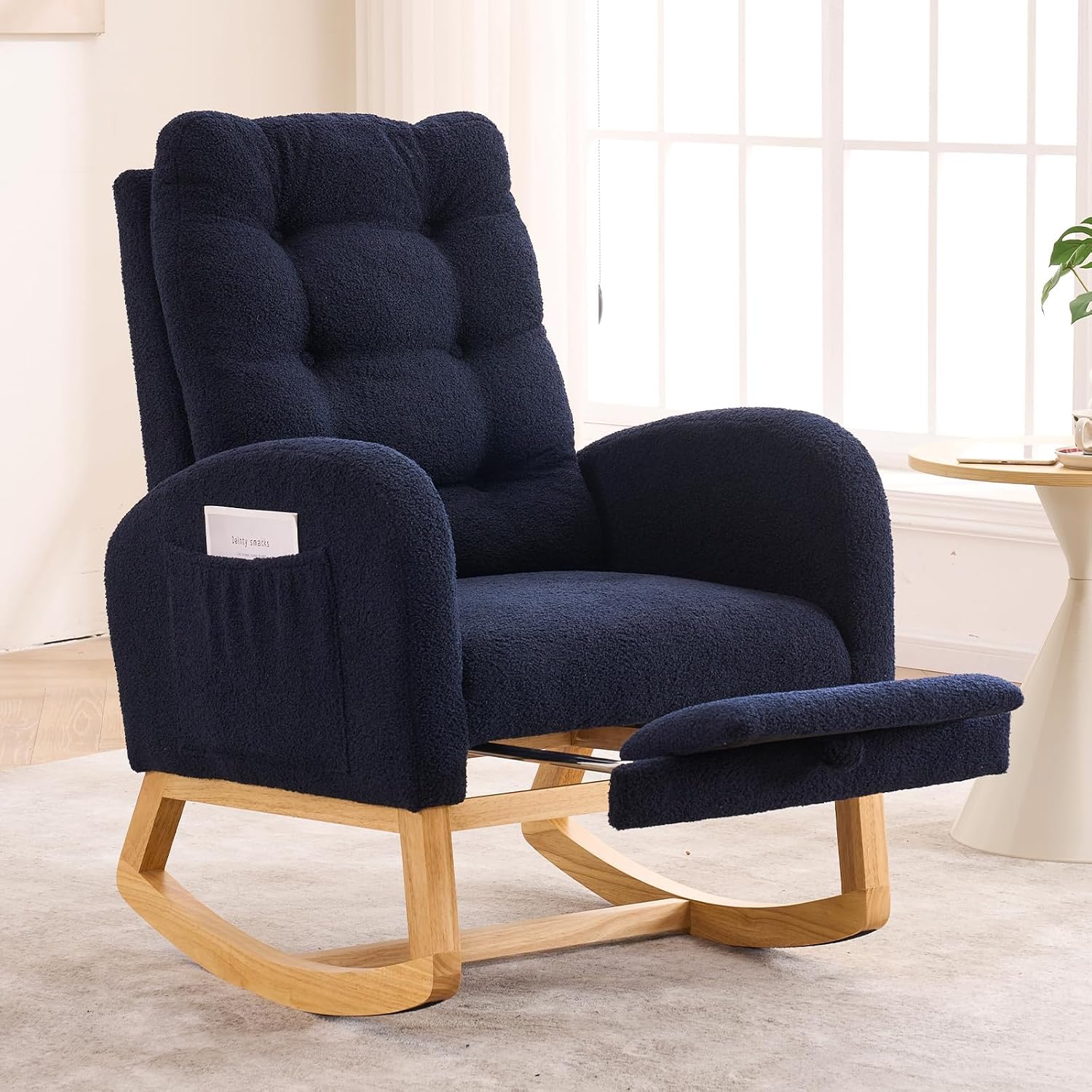 Rocking Chair with Foot Rest for Nursery Room, Teddy Upholstered Rocker Glider Chair with Side Pocket,Solid Wood Legs, High Backrest (Navy Blue)