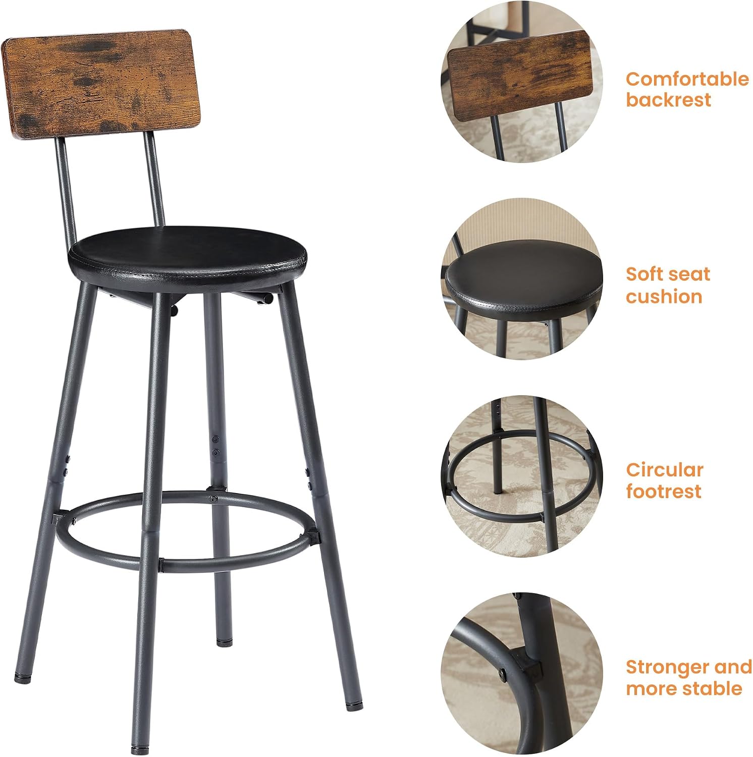 Elevon Long Bar Table Set with 3 PU Upholstered Bar Stools, Dining Table and Chair Sets, Industrial Tall Coffee Table and Back Chair for Kitchen, Living Room, Party Room, Small Space, Pub, Brown