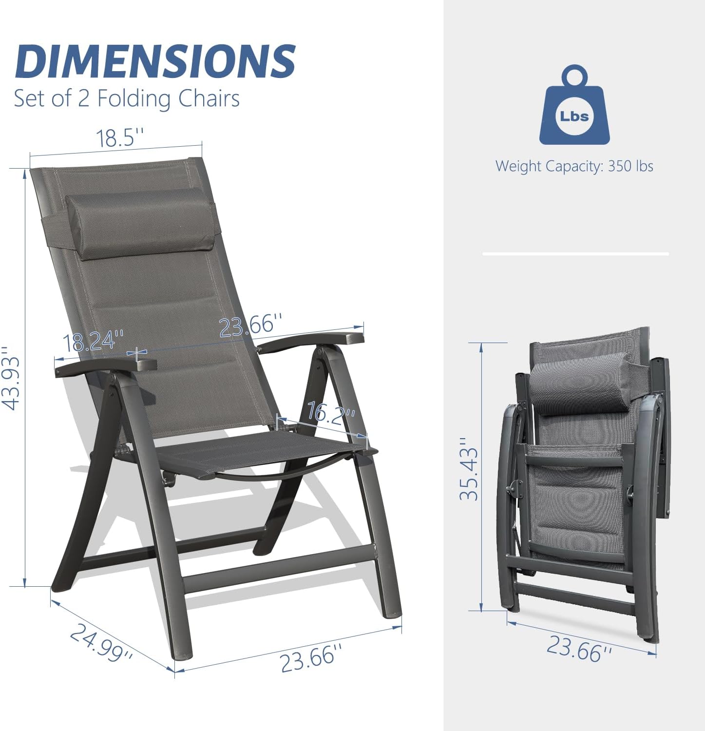 Domi Patio Outdoor Sling Chairs Set of 2 with Moveable Headrest, Folding Chairs Outdoor Reclining Camping Chairs with Armrest Adjustable High Backrest and Padded Textilene Fabric Seat