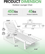 Chaise Lounge Outdoor, Lounge Chair Outdoor with Wood Texture, Adjustable 5-Position Backrest, HDPE Lounge Chair with Wheels & Cup Holder for Pool Deck Backyard, White