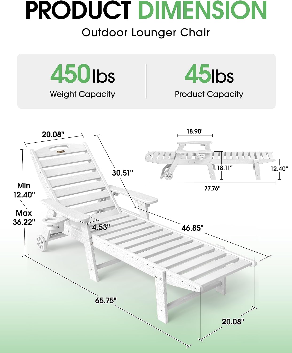 Chaise Lounge Outdoor, Lounge Chair Outdoor with Wood Texture, Adjustable 5-Position Backrest, HDPE Lounge Chair with Wheels & Cup Holder for Pool Deck Backyard, White