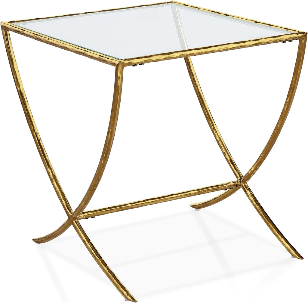 Furniture of America Zayen Glam 22-inch Metal Side Table with Tempered Glass Tabletop and Curved Base, Hammered Stainless Steel Frame for Bedroom, Living Room, Home Office, Gold