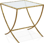 Furniture of America Zayen Glam 22-inch Metal Side Table with Tempered Glass Tabletop and Curved Base, Hammered Stainless Steel Frame for Bedroom, Living Room, Home Office, Gold