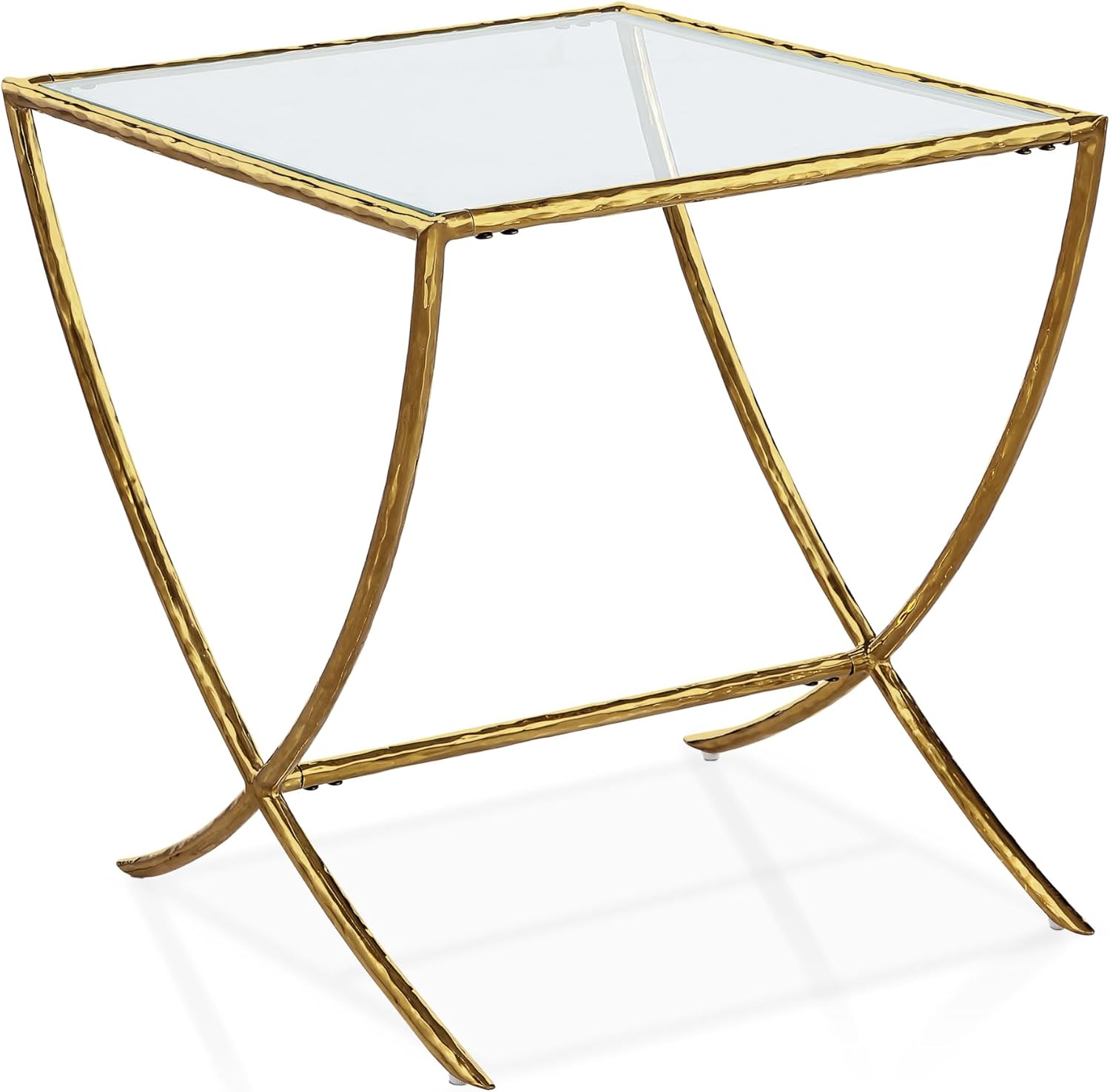Furniture of America Zayen Glam 22-inch Metal Side Table with Tempered Glass Tabletop and Curved Base, Hammered Stainless Steel Frame for Bedroom, Living Room, Home Office, Gold