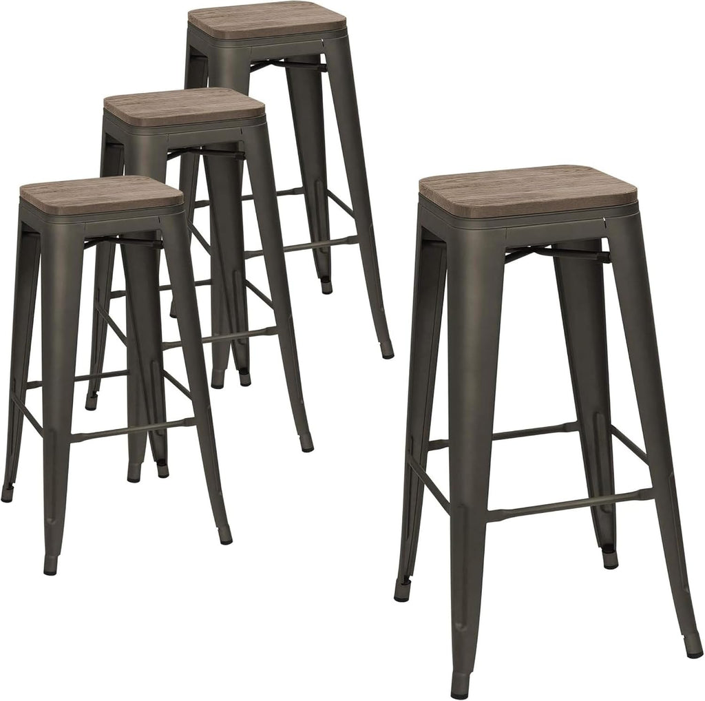 Devoko Metal Bar Stool 30'' Indoor Outdoor Stackable Barstools Modern Industrial Square Wood Top Bar Stools Set of 4 (30 inch, Gun)