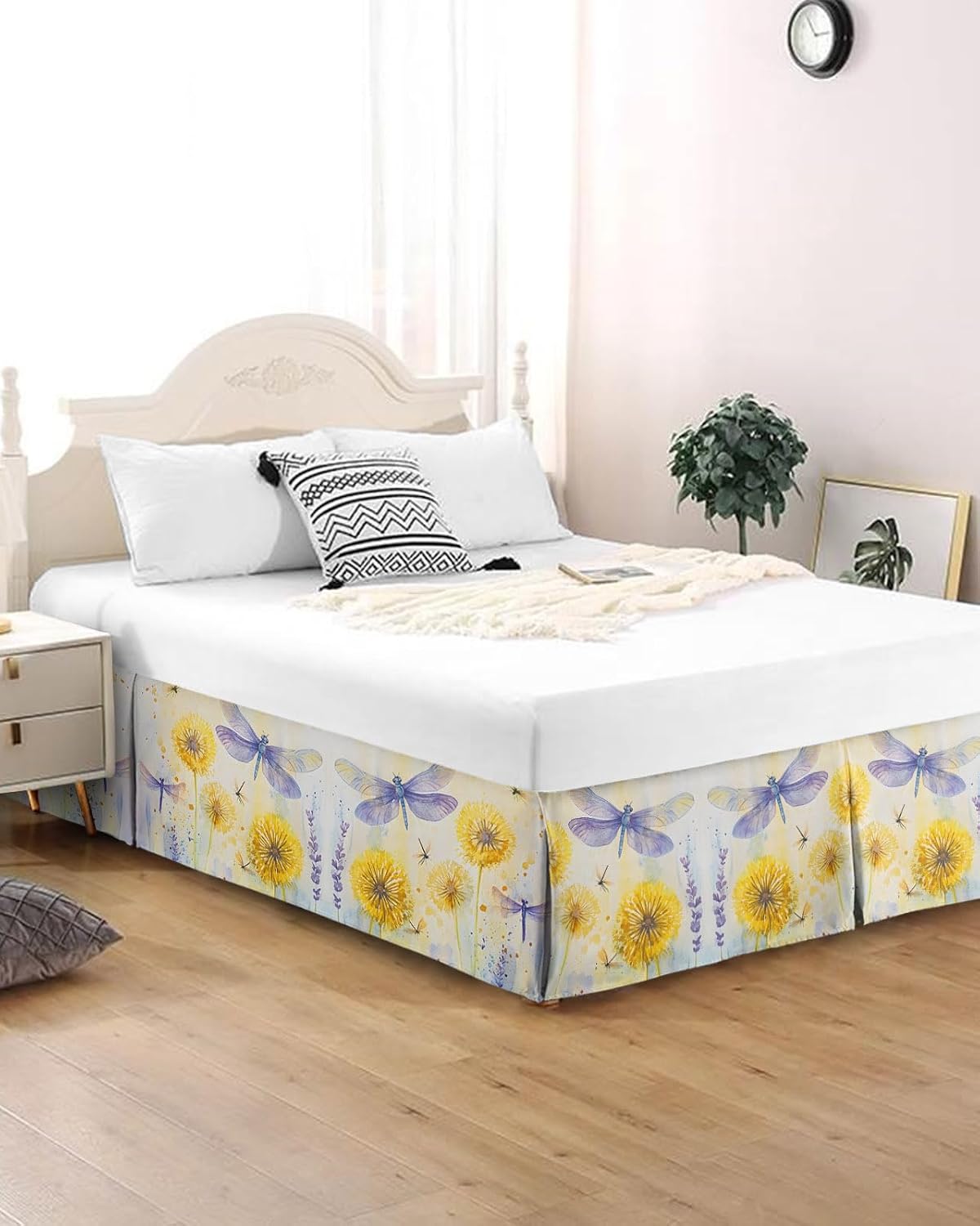 Bed Skirt Queen Size Yellow Dandelions Pleated Dust Ruffle Easy Fit Bedskirts with 16 Inch Drop Purple Dragonfly Wrinkle and Fade Resistant Bedroom Decor