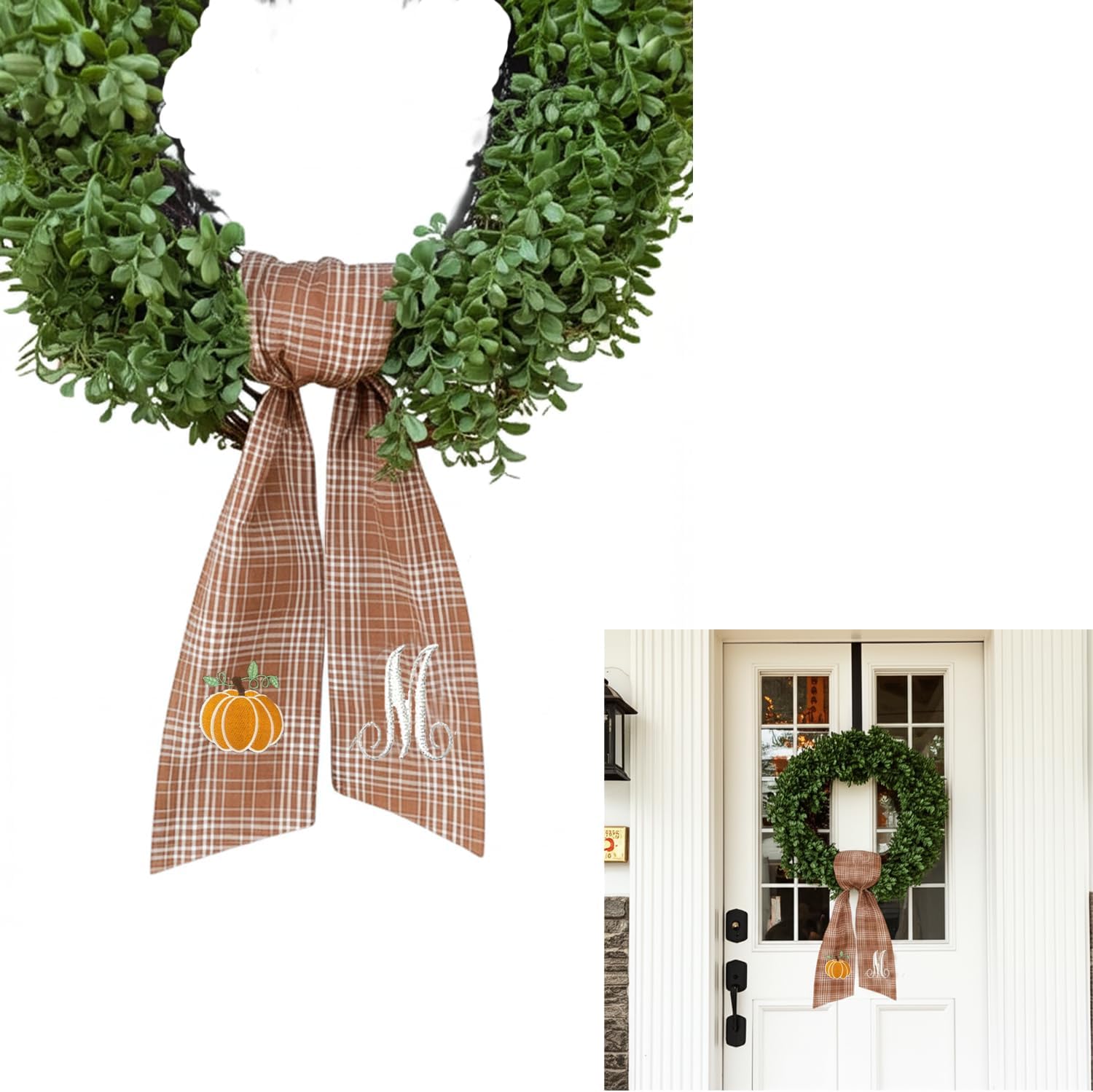 Autumn Door Wreath Sash Embroidered with White Letters and Pumpkins On A Plaid Wreath Sash Ideal for Housewarming Gifts, Autumn Thanksgiving, Halloween, and Christmas Porch Decorations -M