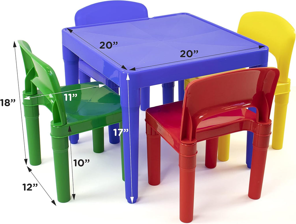 Humble Crew Kids Plastic Table and Chair Set, Toddler Activity Table with 4 Chairs, Lightweight Easy-Clean Kids Desk for Play, Snacks-Crafts, Indoor Outdoor Playroom Furniture, Blue/Primary