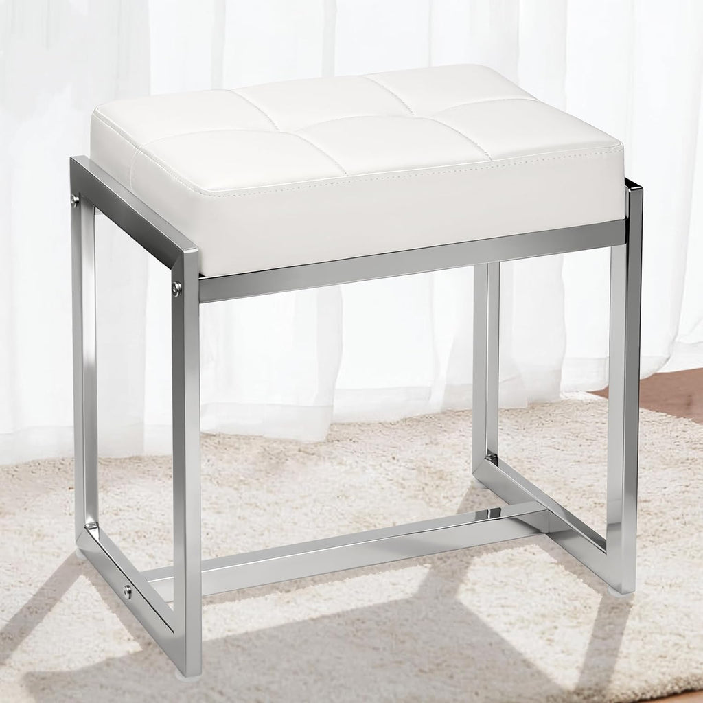 Vanity Stool Chair, Modern PU Leather Ottoman Foot Rest for Vanity Bench with Silver Metal Legs, Multifunctional Chairs for Makeup, Bedroom, Living Room, Small Makeup Stools White&Silver