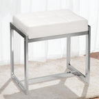 Vanity Stool Chair, Modern PU Leather Ottoman Foot Rest for Vanity Bench with Silver Metal Legs, Multifunctional Chairs for Makeup, Bedroom, Living Room, Small Makeup Stools White&Silver