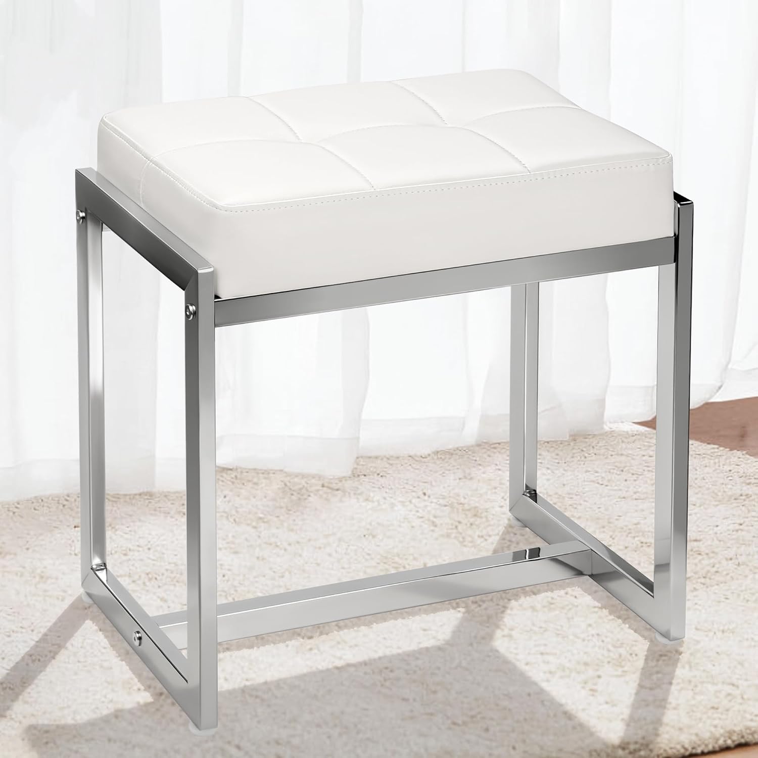 Vanity Stool Chair, Modern PU Leather Ottoman Foot Rest for Vanity Bench with Silver Metal Legs, Multifunctional Chairs for Makeup, Bedroom, Living Room, Small Makeup Stools White&Silver