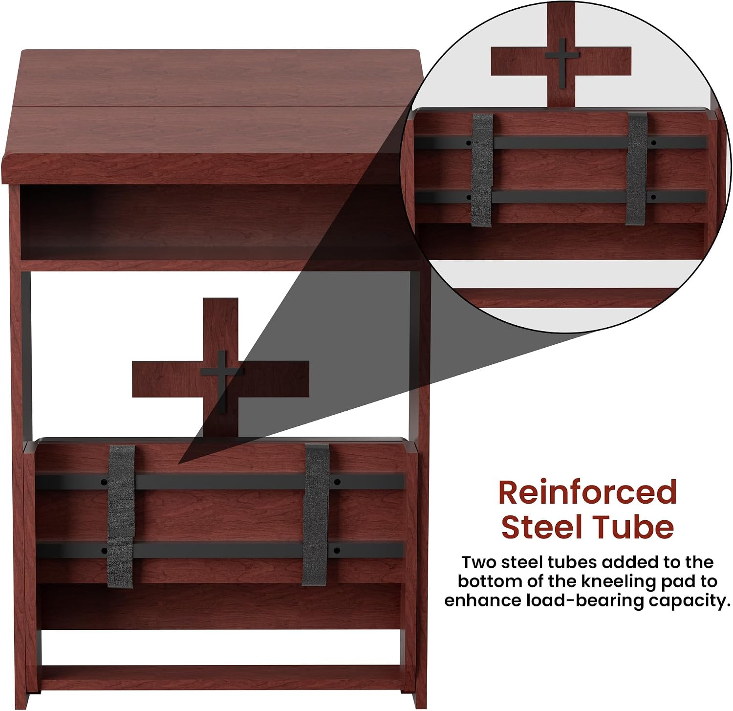 Foldable Prayer Kneeler, Wooden Prayer Bench with Storage Shelf, Cushion Pad, Rounded Corner Bookend and Customizable Cross Decoration, Reinforced Steel Tube Base Design (Mahogany)