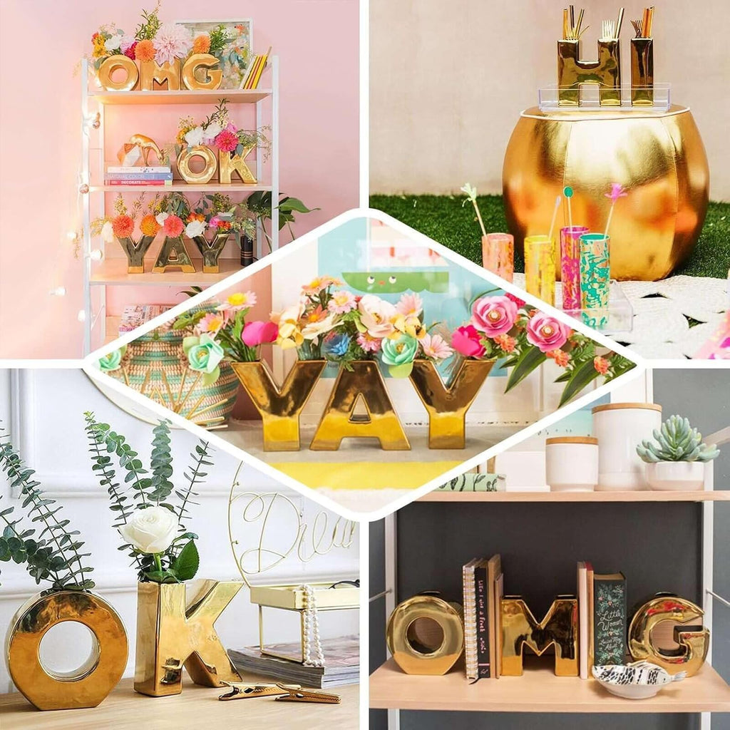 Efavormart 6" Shiny Gold Plated Ceramic Letter O Sculpture Flower Vase, Bud Planter Pot Table Centerpiece