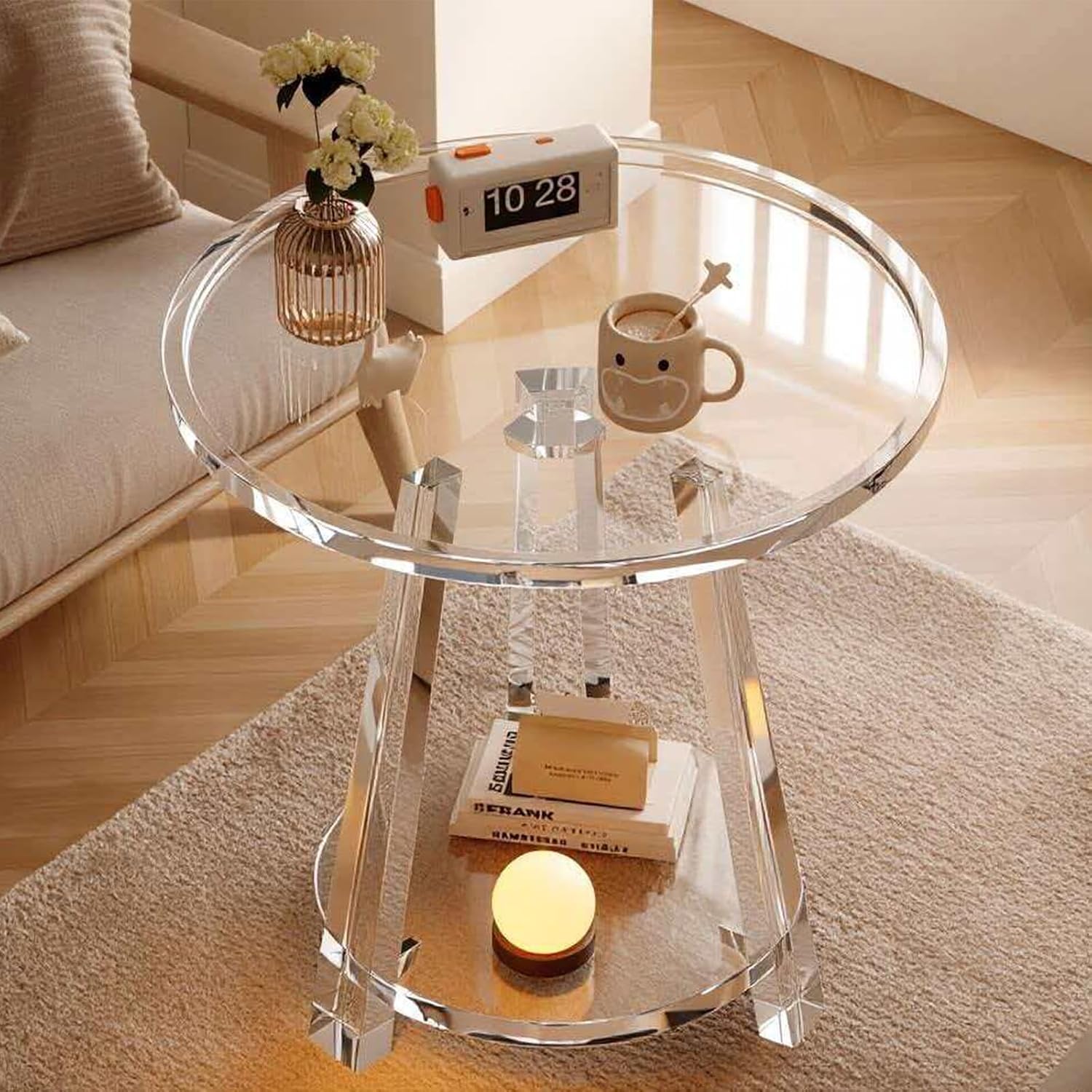 Accent FurnitAcrylic Side Table, 2-Tier Round Clear End Table, Modern Acrylic Nightstand for Living Room, Bedroom, Small Spaces, Sturdy Acrylic Accent Table with Storage Shelfure
