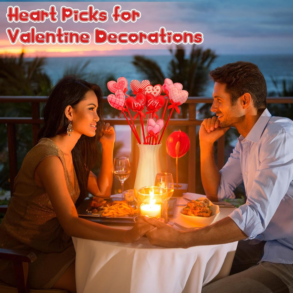 16 Pcs Valentines Day Tree Decor Heart Floral Picks 12" 3D Wooden Valentines Foam Heart Stems Plush Sticks Galentines Decorations for Flower Arrangement Wedding Table Centerpiece Vase Filler Home