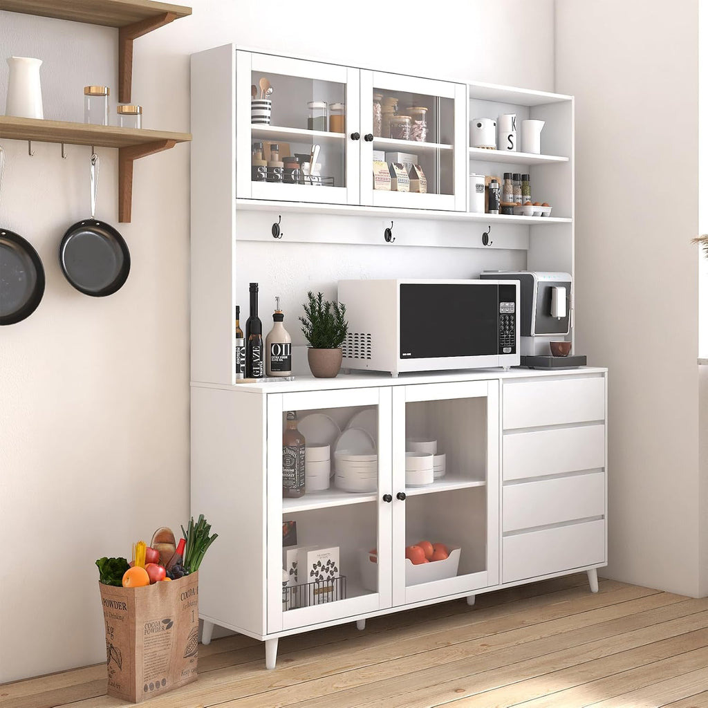 74.8" Tall Kitchen Pantry Storage Cabinet, Modern Food Pantry Cabinet with Microwave Stand Wooden Kitchen Hutch Cabinet with 4 Doors, 4 Drawers and 3 Hooks for Dining Room, White