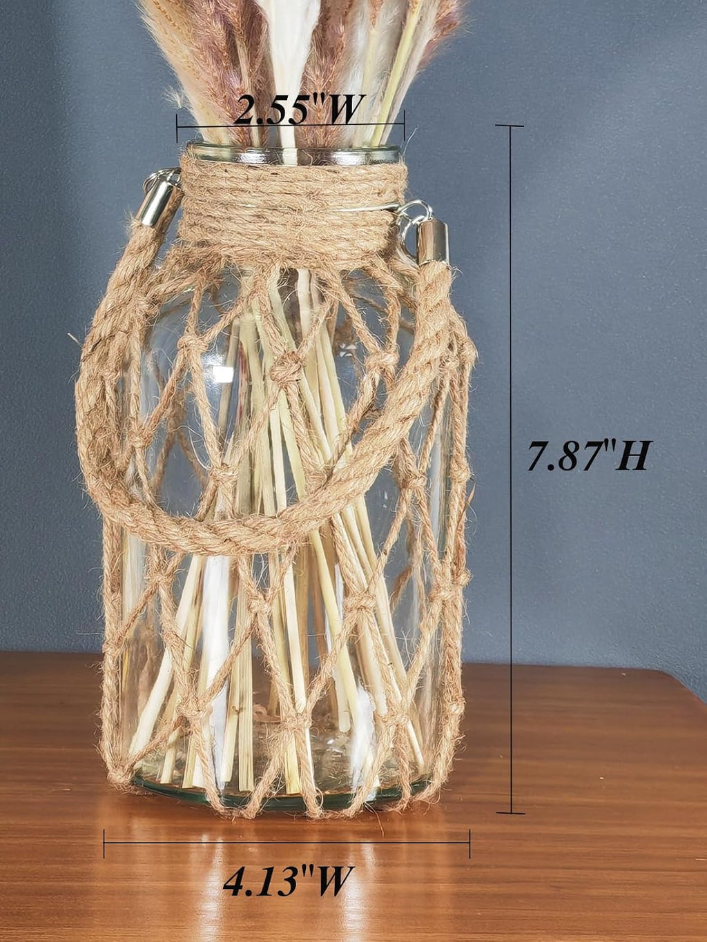 TIWPAJS Pampas Grass Vase, Boho Home Decor for Bedroom/Living Room/Coffee Table/Entryway/Office/House, Fall Farmhouse Decor, Glass Vase with Hand-Woven Hemp Rope, Room Decor Aesthetic, Modern Home