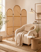 3 Panel Room Dividers and Folding Privacy Screens, Wooden Room Divider with Bi-Directional Hinge, Pre-Assembled Hand-Made Rattan Privacy Dividers for Balcony, Bedroom, Hotel Decorations