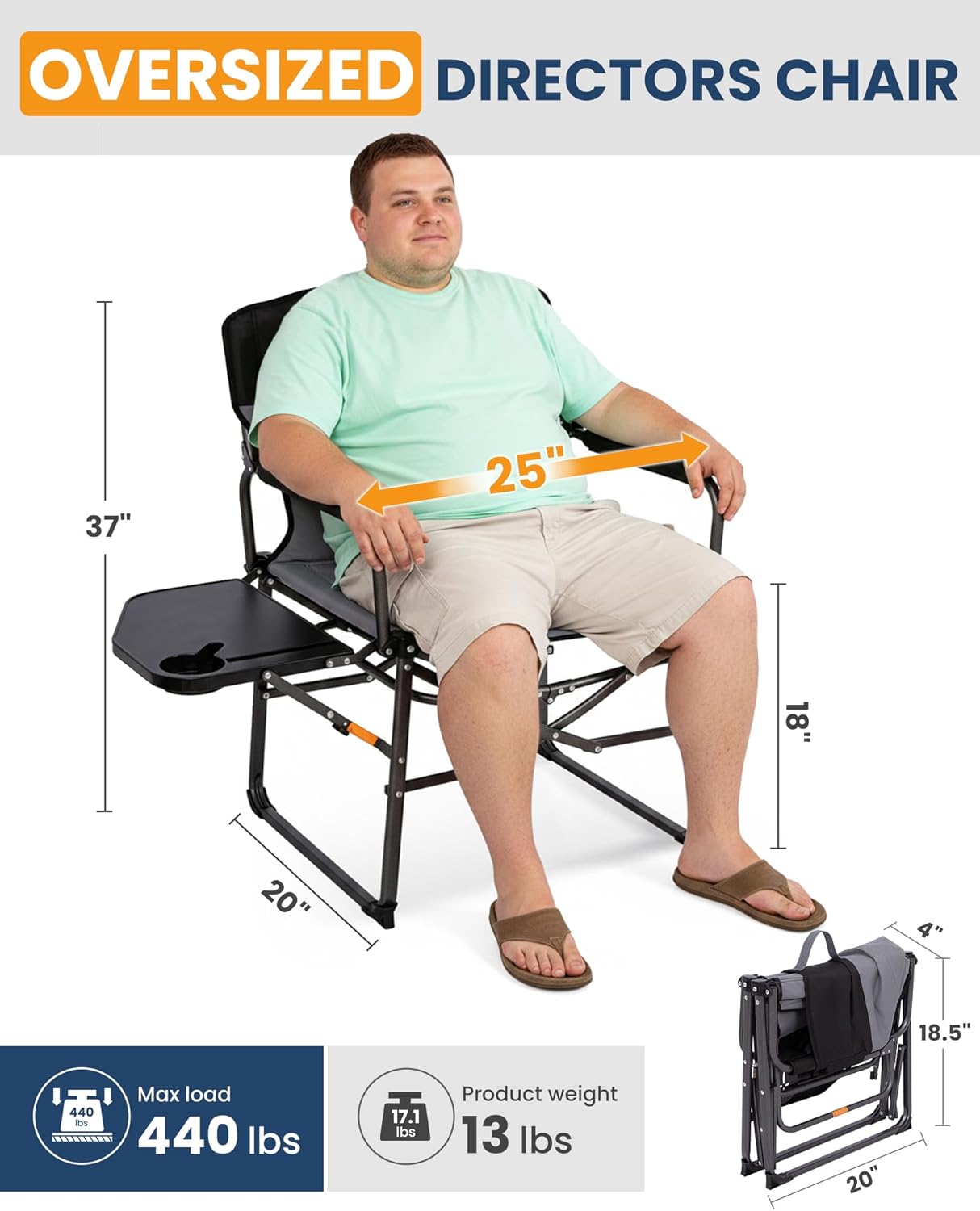 KingCamp Oversized Camping Directors Chair for Big and Tall, Heavy Duty 440lbs Folding Chairs with Side Table, Portable Padded Camp Chairs with Wide Seat & Anti-Sag Fabric for Outdoor Lawn Fishing RV