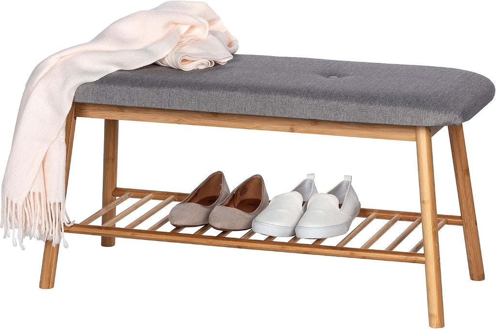 WENKO Entryway Bench with Shoe Storage, Shoe Storage Bench, Shoe Bench with Padded Seat, Bamboo Shoe Rack, Shoe Shelf, Grey, 90 x 45 x 34 cm