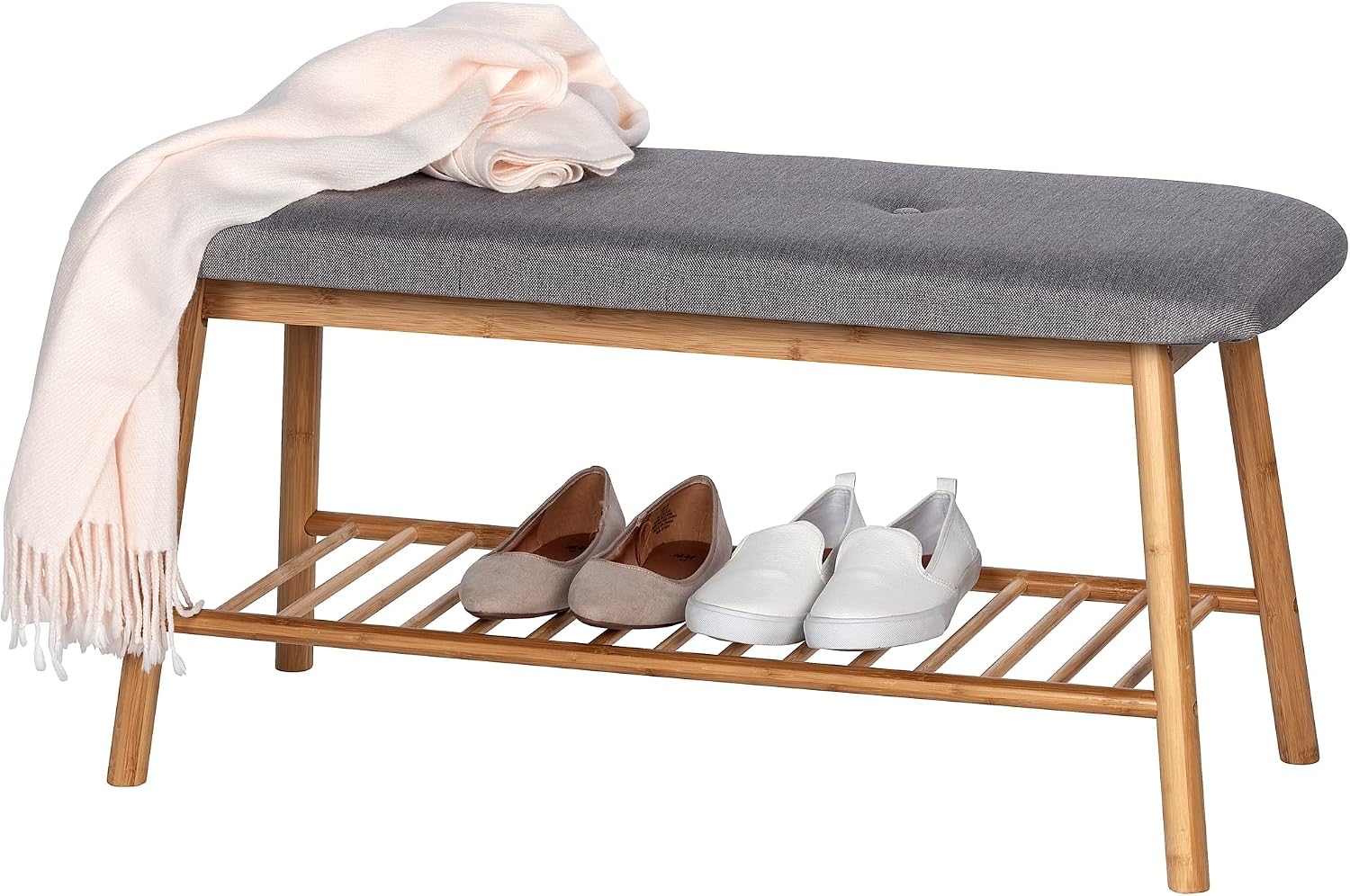 WENKO Entryway Bench with Shoe Storage, Shoe Storage Bench, Shoe Bench with Padded Seat, Bamboo Shoe Rack, Shoe Shelf, Grey, 90 x 45 x 34 cm