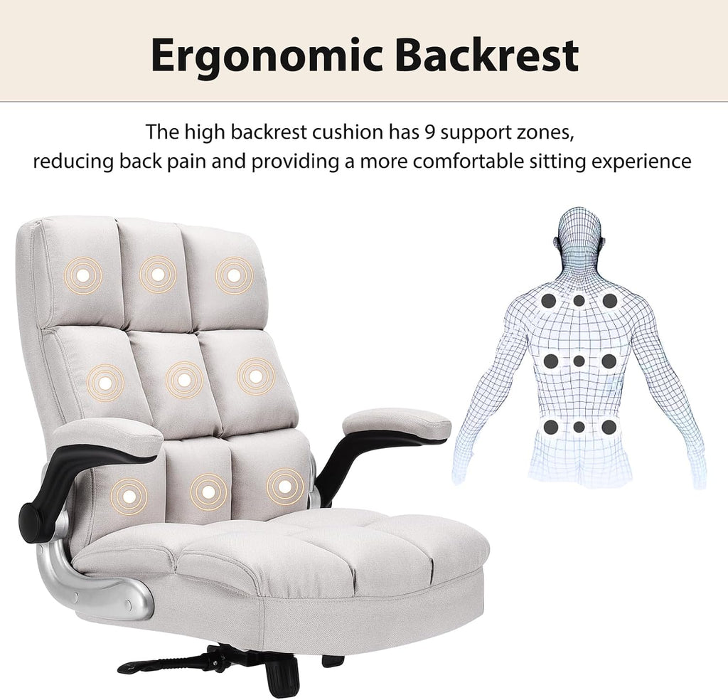 POWERSTONE Ergonomic Office Chair Big and Tall High-Back Executive Computer Desk Chair Upholstered Comfortable Home Office Chair with Flip-up Arms 400 LBS, Beige