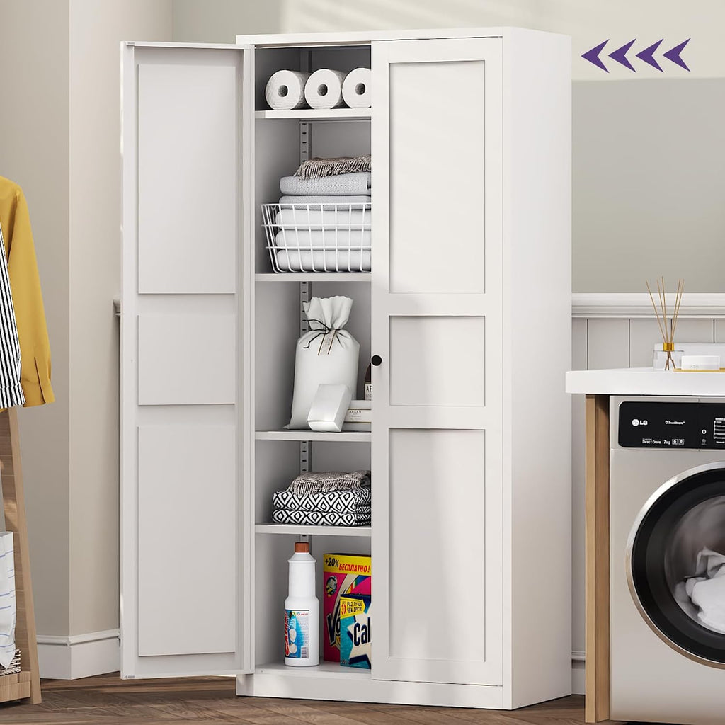 71"Kitchen Pantry Cabinet,White Metal Pantry Cabinet with 2 Doors & 4 Adjustable Shelves,Pantry Cabinets with Gold/Black Handles,Kitchen Cabinet for Dinging Room,Living Room,Assembly Required