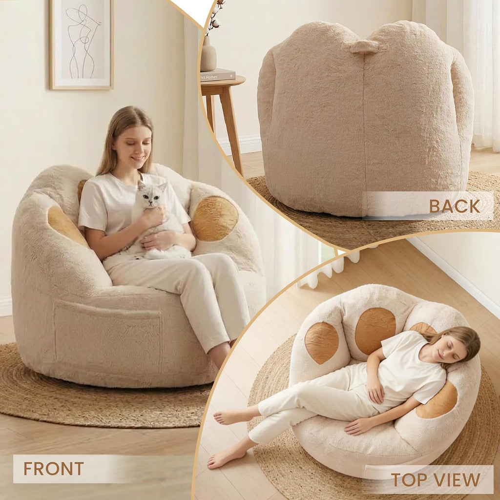 Achicsofar Bean Bag Chair for Adults Teens, Giant Faux Fur Beanbag Chairs | Cat's Paw Shape, Memory Foam Filled, Beige, Accent Floor Sofa, for Reading, Gaming, Relaxing, in Living Room, Bedroom, Dorm
