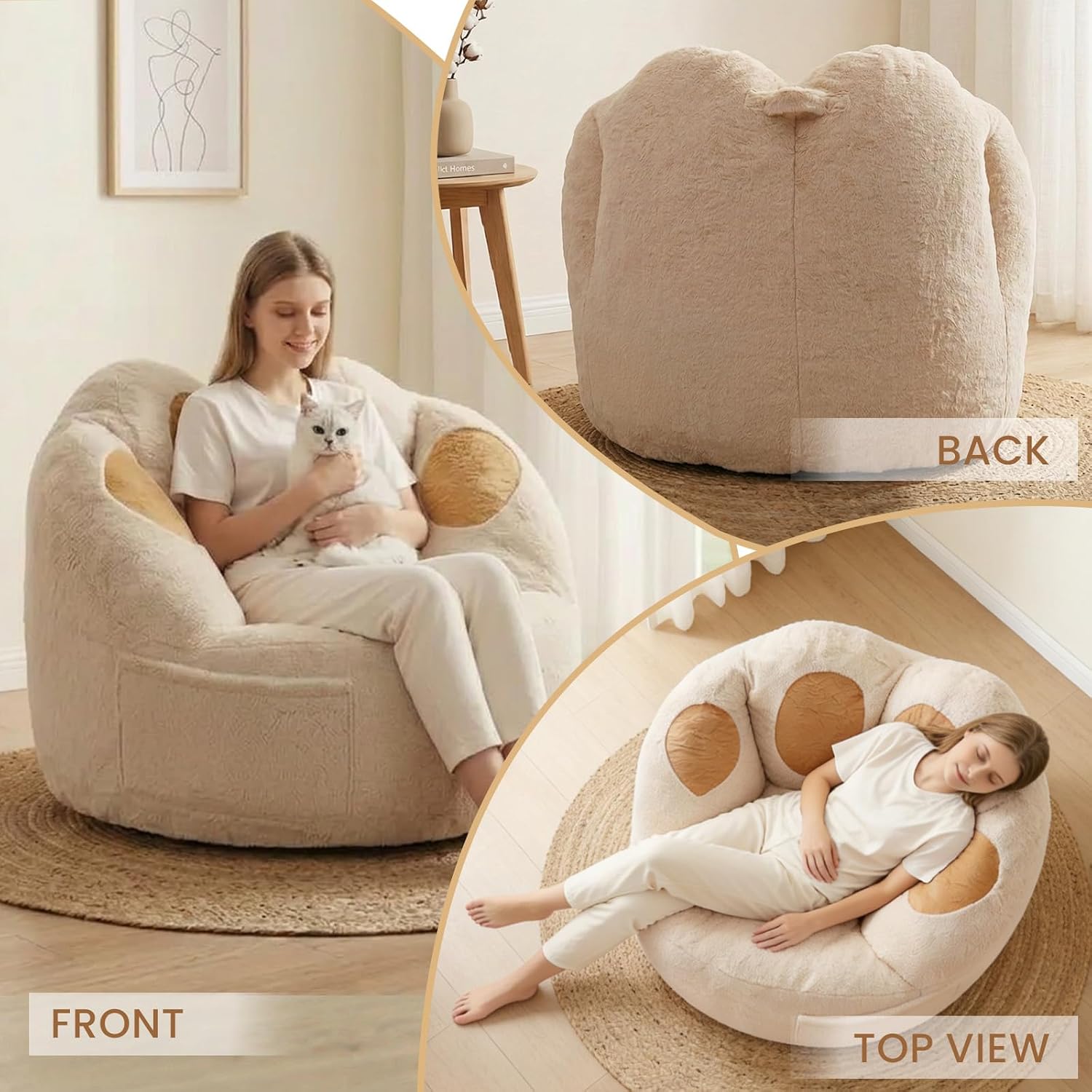 Achicsofar Bean Bag Chair for Adults Teens, Giant Faux Fur Beanbag Chairs | Cat's Paw Shape, Memory Foam Filled, Beige, Accent Floor Sofa, for Reading, Gaming, Relaxing, in Living Room, Bedroom, Dorm