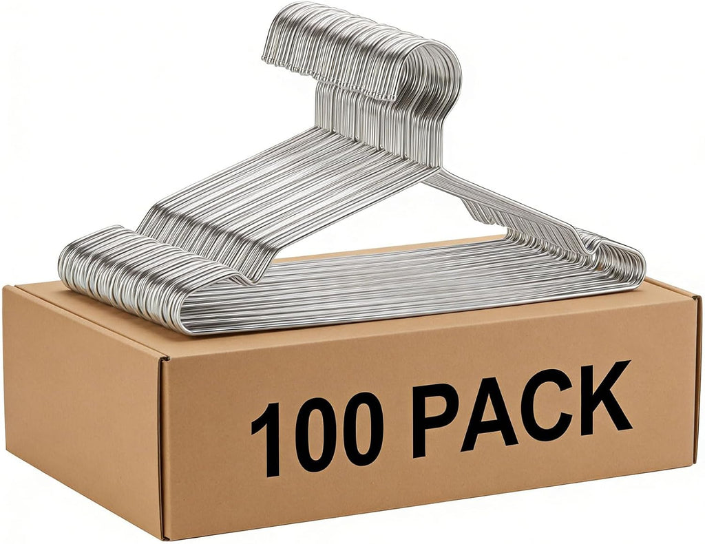 Hangers 100 Pack Clothes Hangers, Non Slip Coat Hanger Clothing Hanger Heavy Duty Metal Wire Hanger, Space Saving Ultra Thin Stainless Steel Skirt Suit Pants Hangars 16.5 Inch