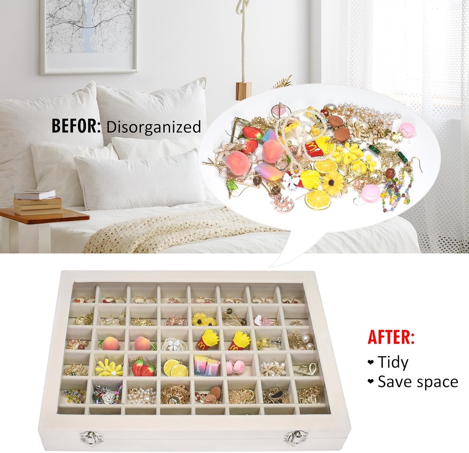 Vicoter Velvet Jewelry Tray 48 Compartments Jewelry Display Organizer with Transparent Cover Rings, Earrings, Necklaces, Pendants Storage Box for Girls, Wives, Mothers, Women