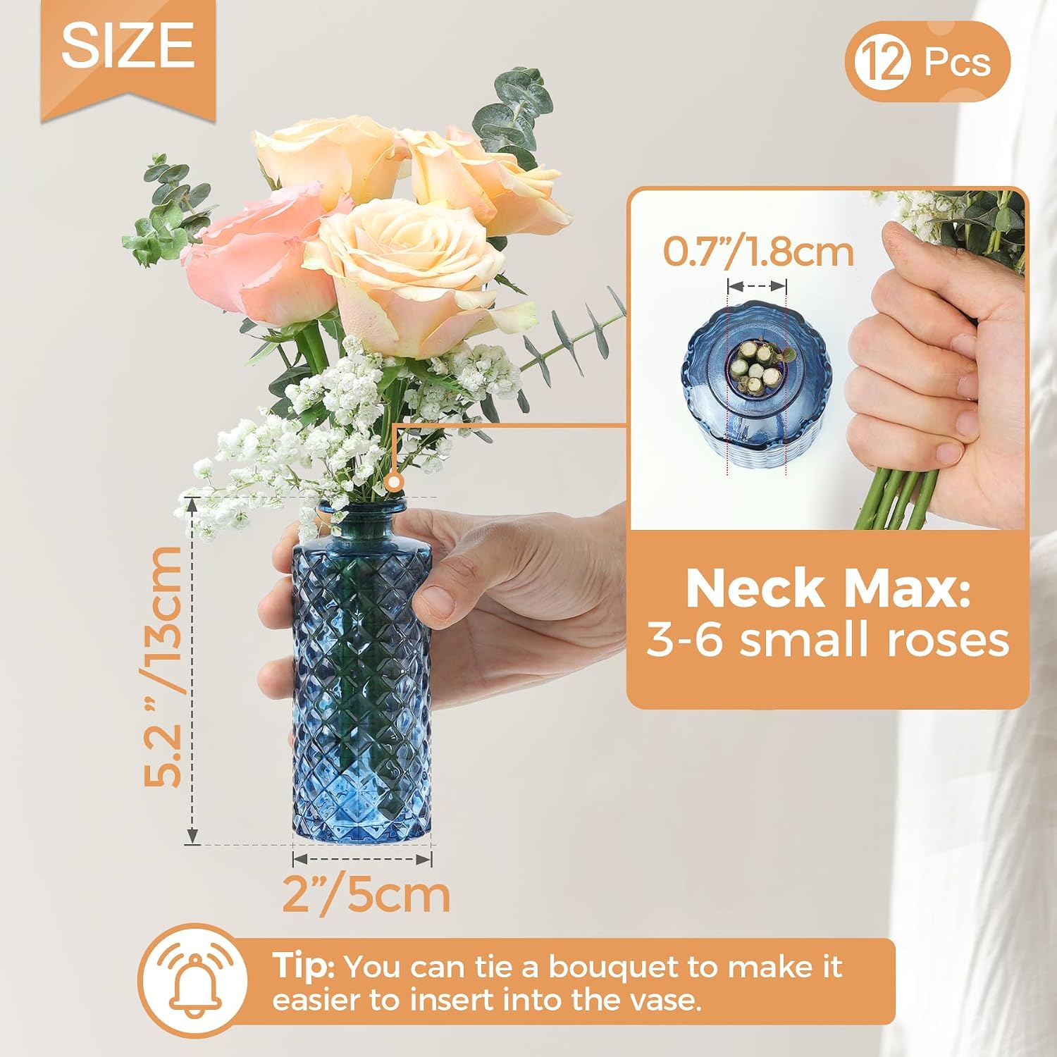 ComSaf Glass Bud Vases Set of 12, Small Diamond Bud Vases in Bulk, Mini Flowers Vases for Centerpieces, Vintage Decor Centerpiece for Table, Wedding Recepetion, Home, Housewarming Gift (Grey Blue)