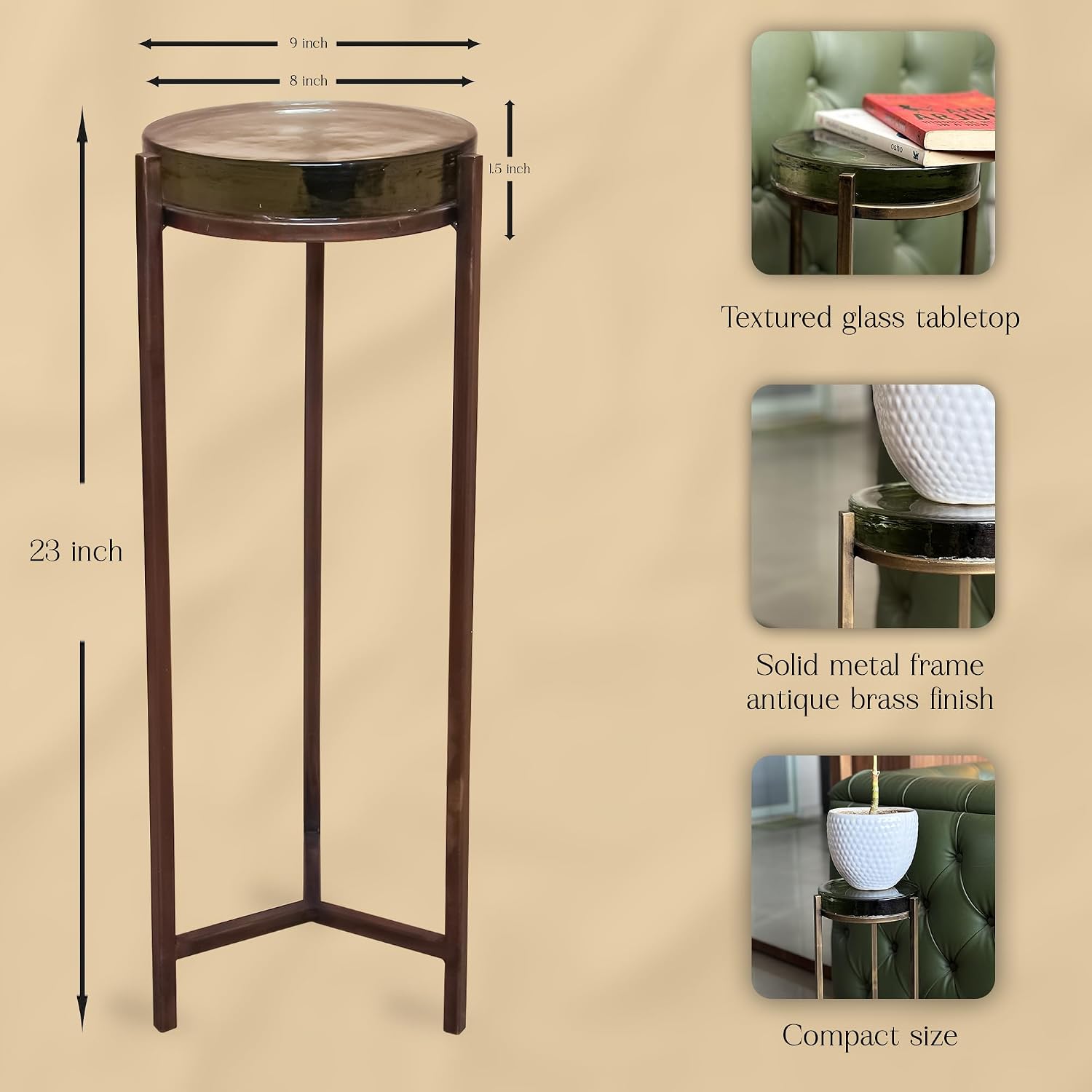 Modern Brass Drink Table, 9 x 9 x 23, with Clear Glass, Detailed Glass Accent Table for Small Spaces, Round Plant Stand for Stylish Home Decor,Christmas, New Year, Thanksgiving