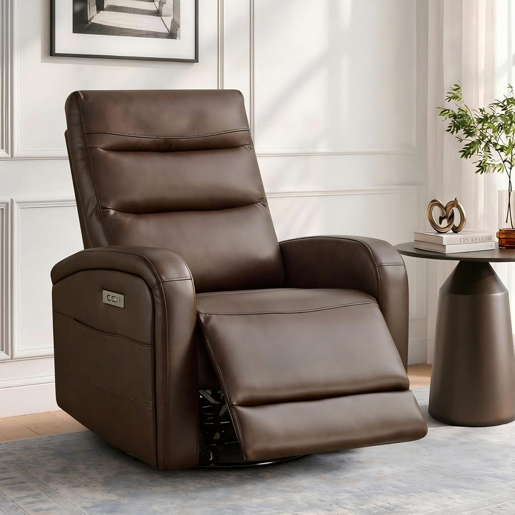 KISLOT Power Swivel Recliner Chair, Faux Leather Recliner 270° Rotation Modern Nursery Glider, Ergonomic Armrest & Side Storage Pocket, Comfortable Armchair for Living Room Bedroom & Nursery