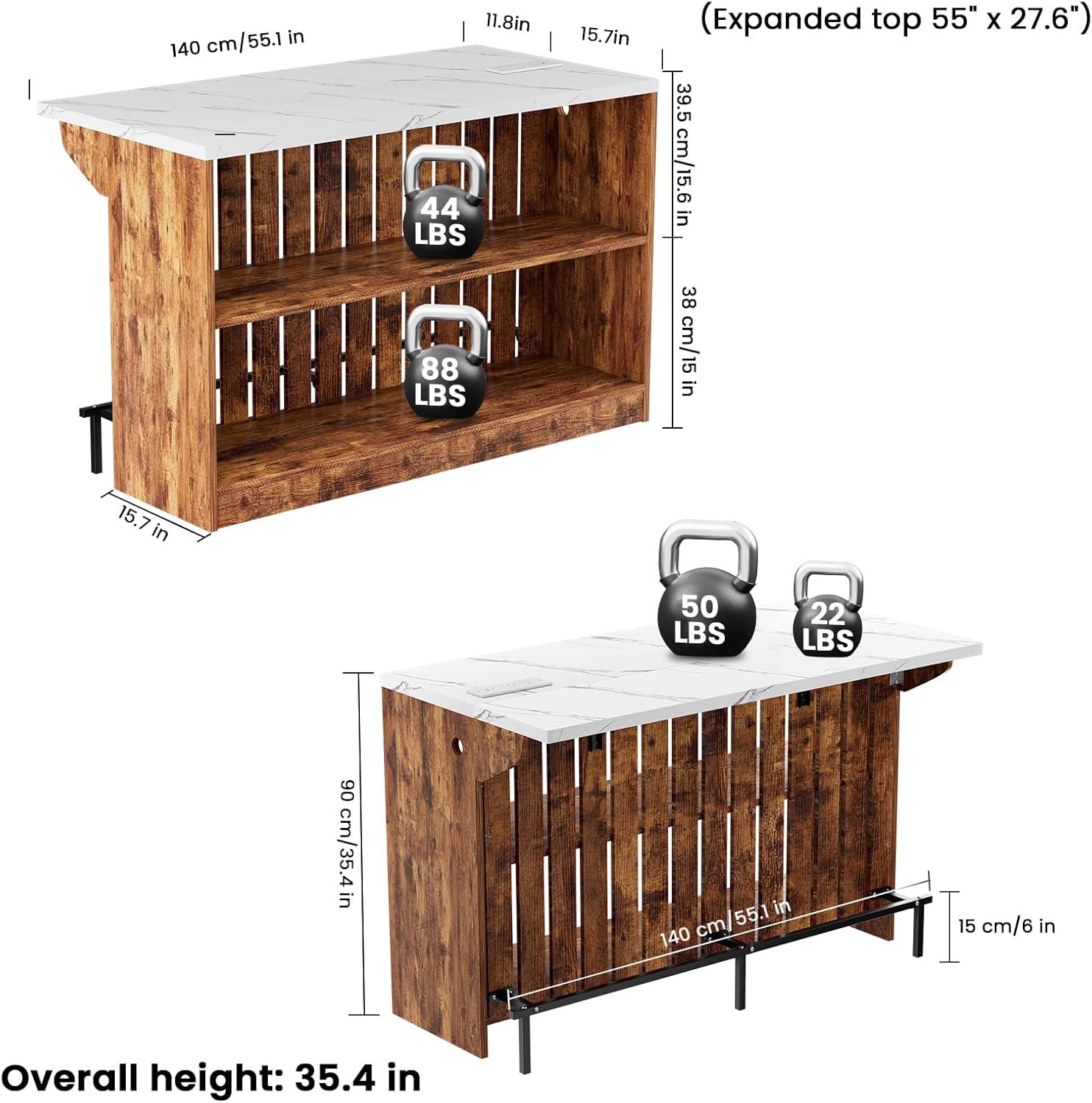 55-Inch Home Bar Unit, 2-Tier Drop Leaf Mini Bar Table with LED Light & Charging Station, Modern Faux Marble Counter Height Pub Table with Footrest for Dining Room, Living Room, Bistro