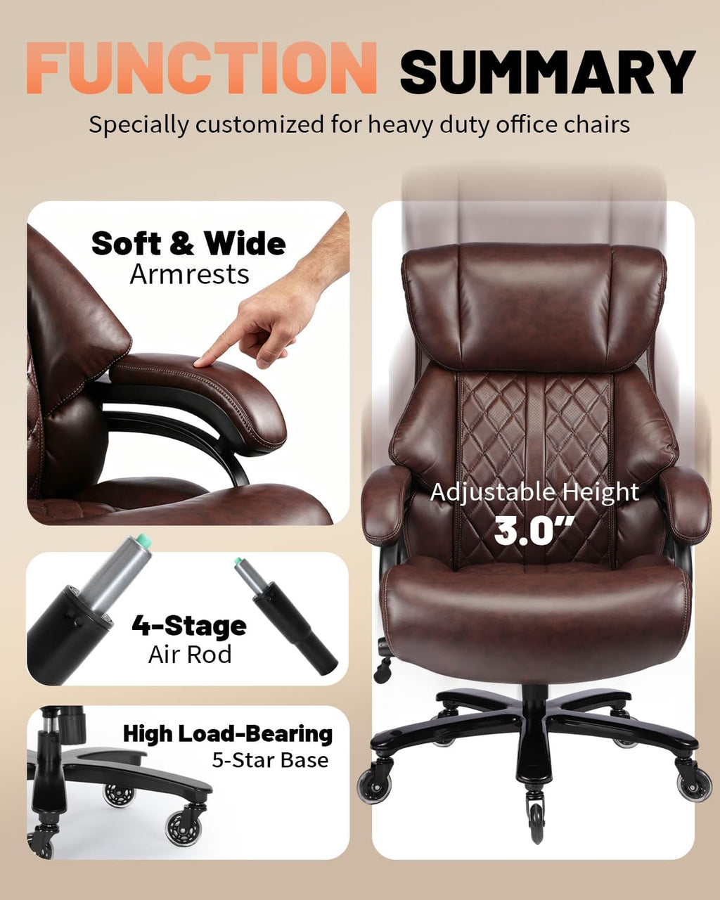 800lbs Executive Chairs, Executive Desk Chairs with Adjustable Lumbar Support, Office Chair for Heavy People, Heavy Duty Office Chair with Quiet Rubber Wheel and Extra Wide seat