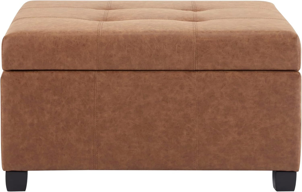 Christopher Knight Home Lorel Faux Leather Square Storage Ottoman Coffee Table, Wooden Ottoman with Storage, Entryway Modern Ottoman Foot Stool, Toy Box Storage for Living Room, Brown
