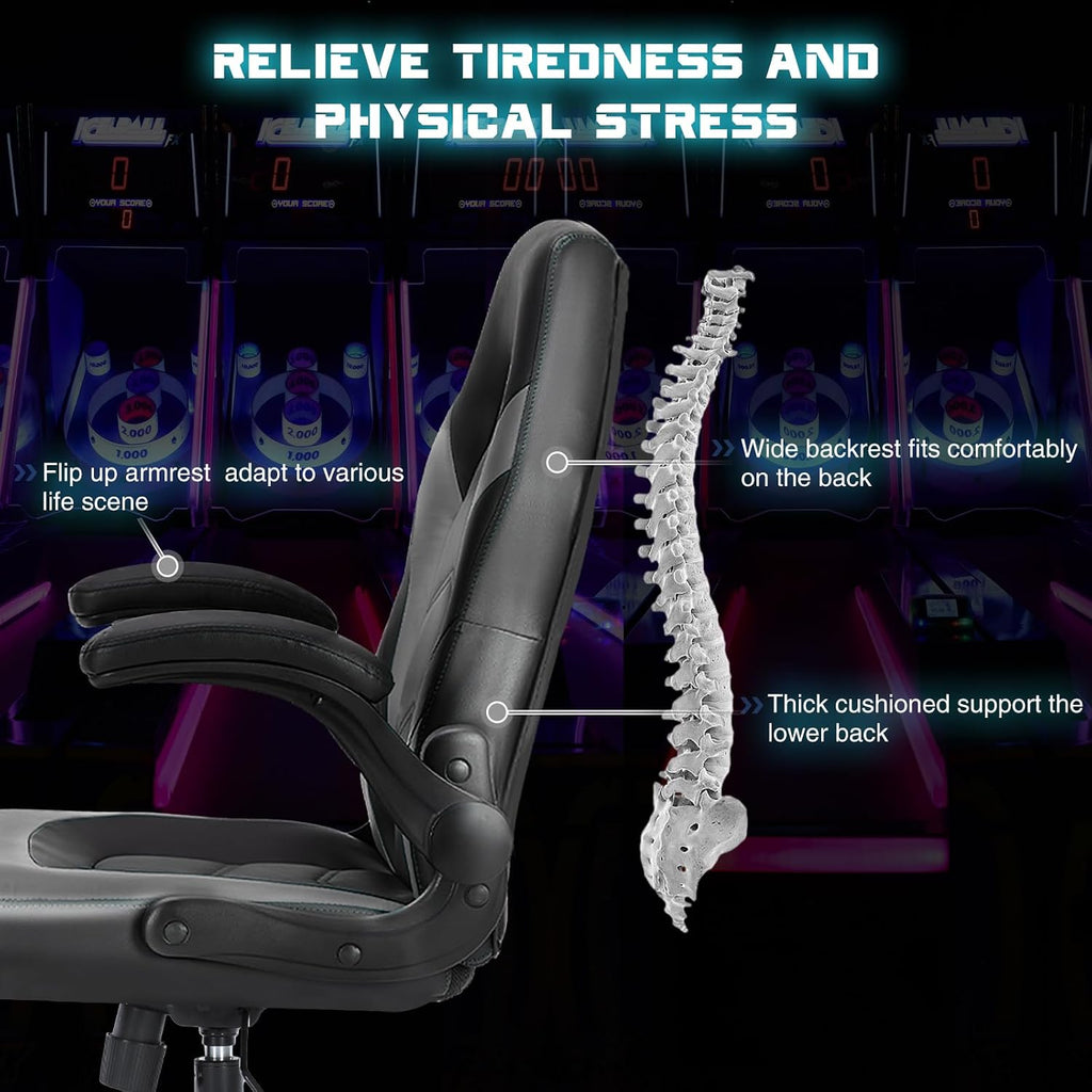 Sweetcrispy Computer Video Game Desk Chair - Ergonomic Comfy Lumbar Support, PU Leather with Flip-up Armrest, Height Adjustable and 360° Swivel, for Adults, Black Grey