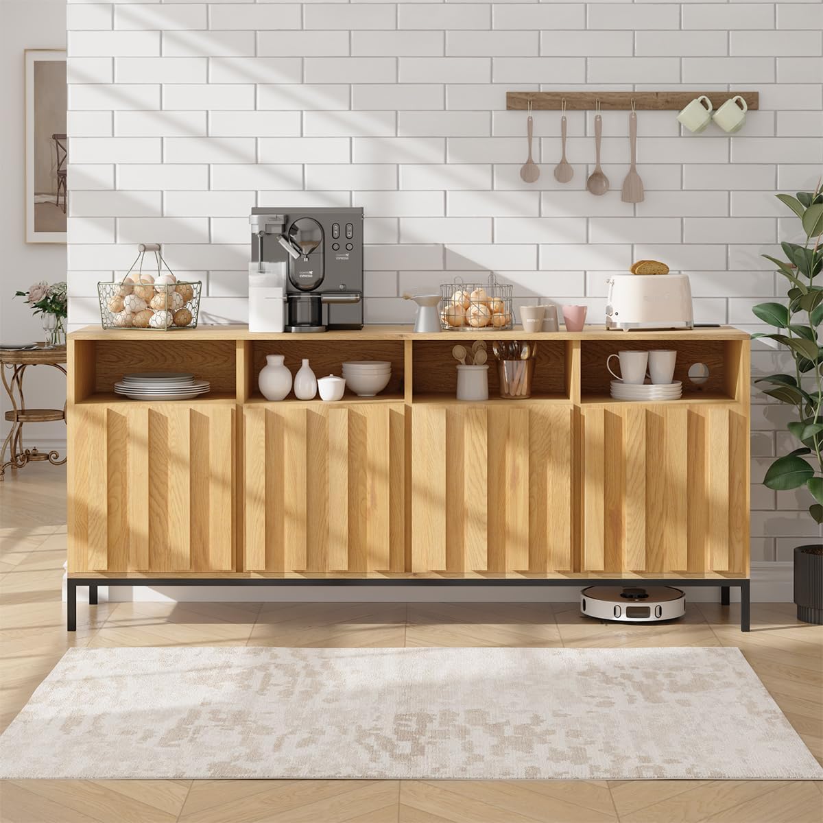 COCO DESIGN 70" Large Buffet Sideboard Cabinet with Power Outlets & Adjustable Shelves, Modern Farmhouse Accent Storage Credenza Console for Kitchen, Living Room, Oak