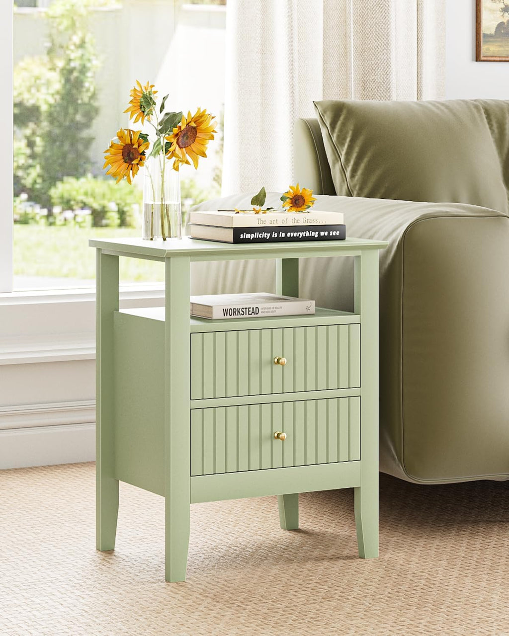 Fluted Nightstand, Farmhouse Night Stand with 2 Drawers, Mid Century Modern Side Accent Table,Bedside End Table for Bedroom, Living Room, Green
