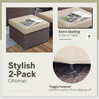 SUNSITT Outdoor Patio Ottoman Set of 2, All Weather Rattan Outdoor Ottoman Set, Brown Wicker Footstool Ottoman Footrest Seat w/Olefin Beige Cushions for Balcony, Porch and Deck