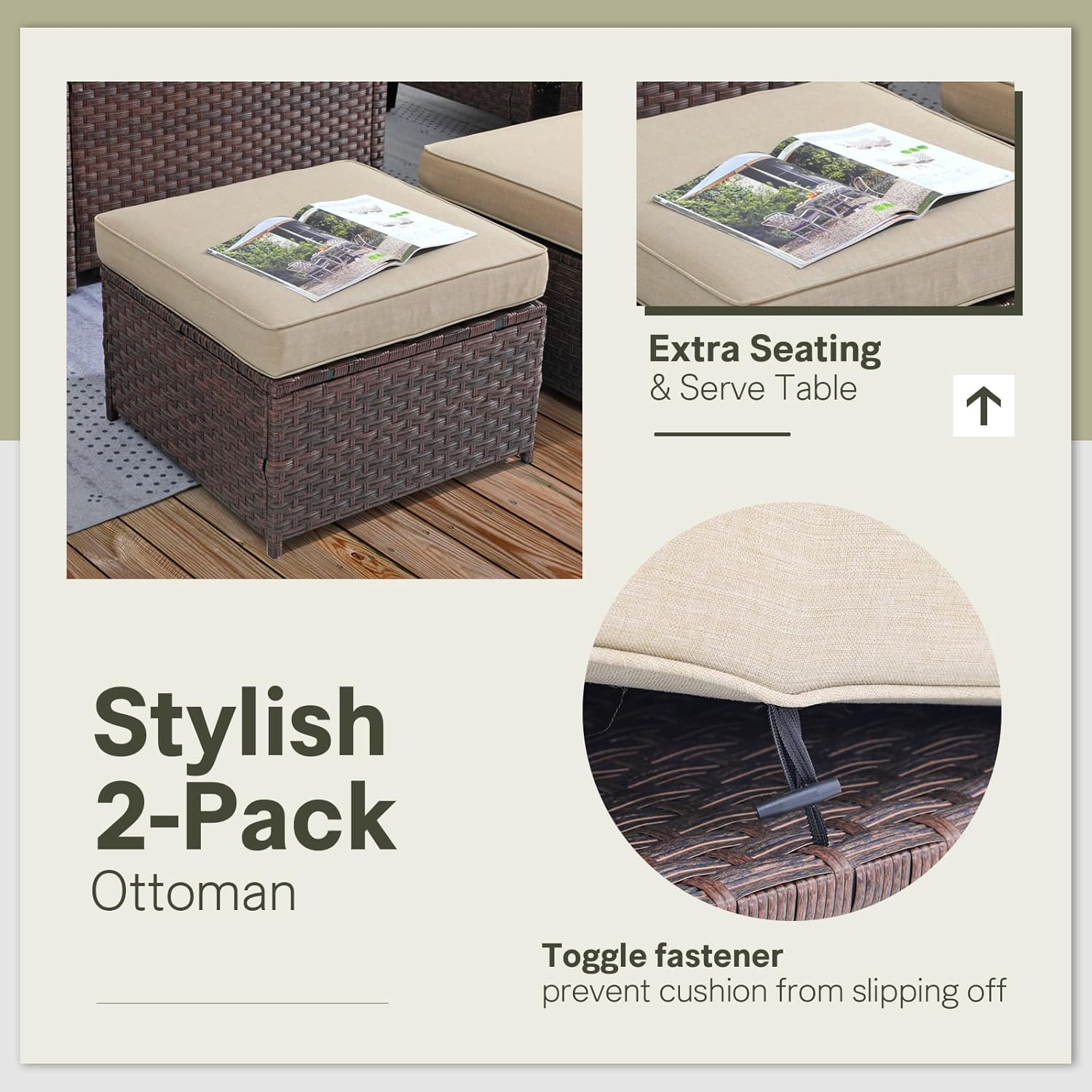 SUNSITT Outdoor Patio Ottoman Set of 2, All Weather Rattan Outdoor Ottoman Set, Brown Wicker Footstool Ottoman Footrest Seat w/Olefin Beige Cushions for Balcony, Porch and Deck