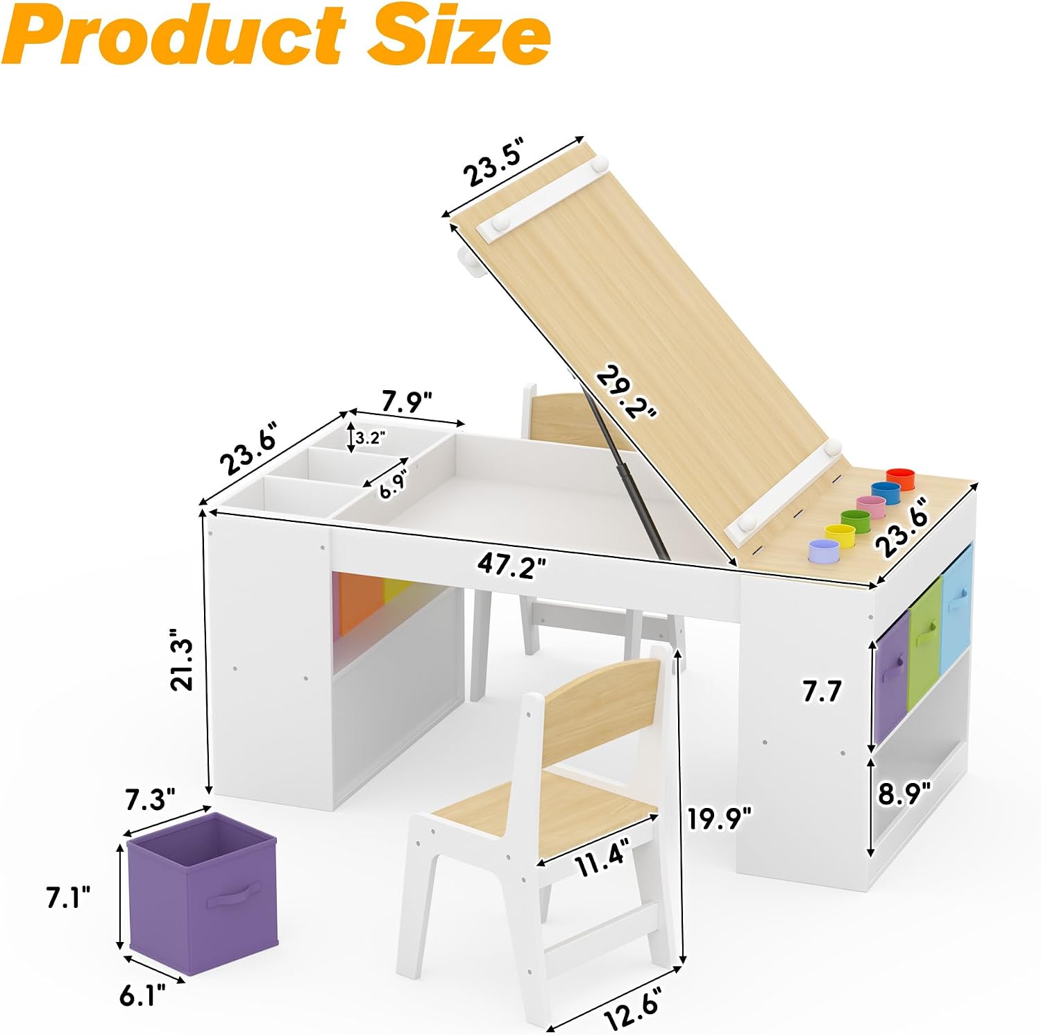 Kids Art Table and 2 Chairs Set, Wooden Craft Desk with 2 Storage Shelves, 6 Storage Bins & Paper Roll for Drawing, Learning and Reading, Toddler Activity Play Desk for Home, 47 L x23 W