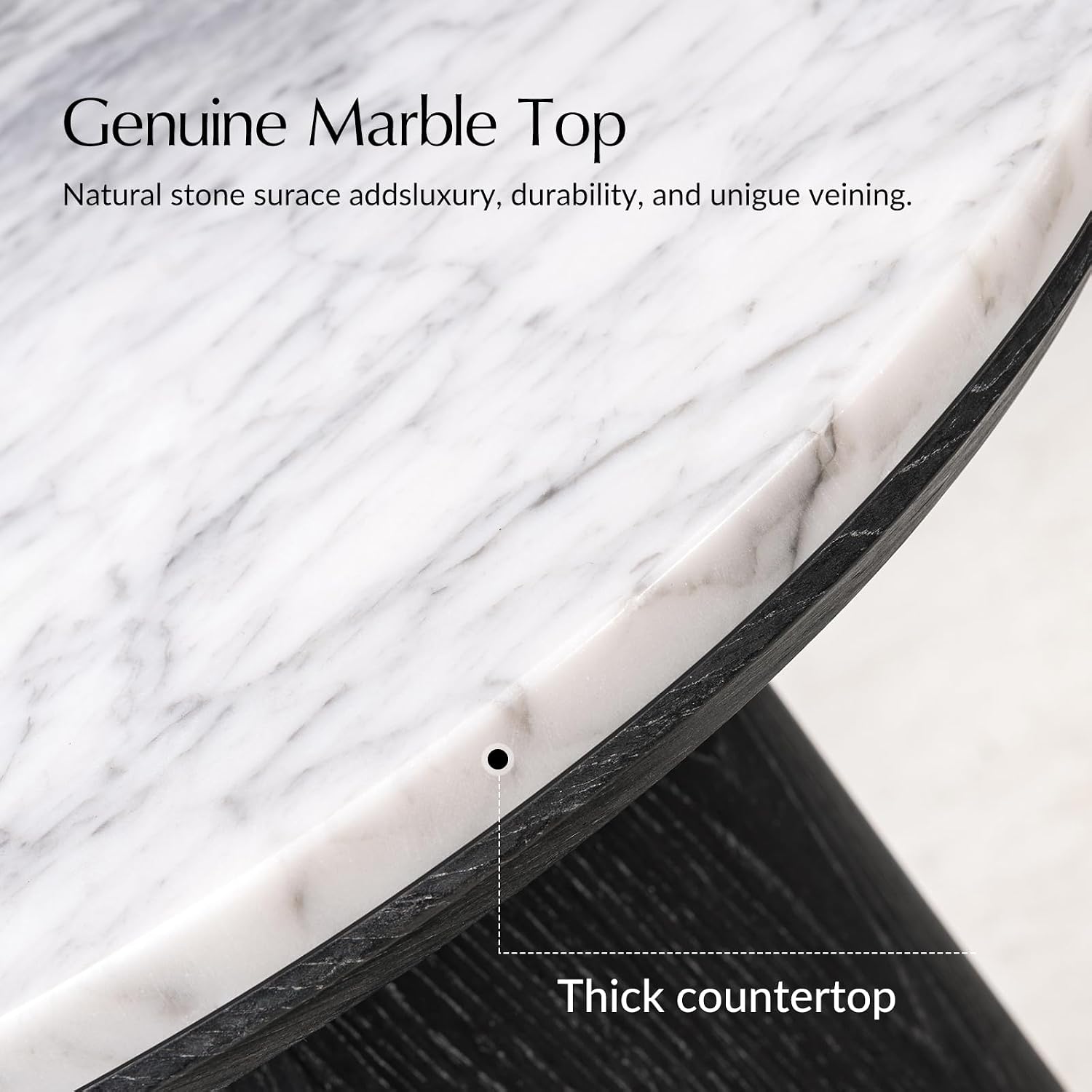 HULALA HOME Modern End Table, 19.75" Round Side Table with Genuine Marble Top and Solid Wood Cone Base, Minimalist Accent Table for Living Room, Bedroom, Small Spaces, Black