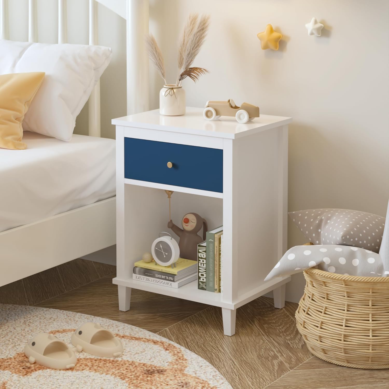 Nightstand with One Drawer & Open Storage Shelf, Modern Wooden Bedside Table for Kids, 26.77''H End Table for Living Room, Bedroom, Toddler Nightstand for Boys and Girls, White+Navy