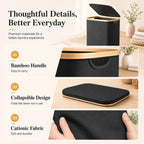 Foluck Large Laundry Hamper, 100L Waterproof Laundry Basket with Lid and Removable Bag, Collapsible Tall Clothes Hamper with Bamboo Handles for Clothes Toys in Dorm Bedroom Bathroom, Black